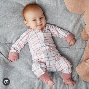 NWTS, Sapling Child Blush Plaid print romper, foldover feet/hands, 0-3 months